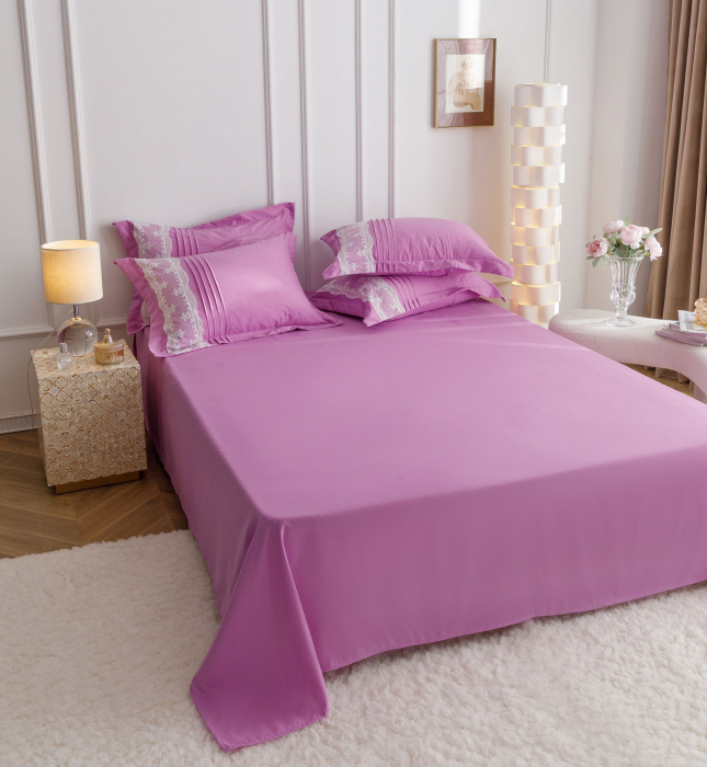 Lenjerie Pat Dublu, Bumbac Soft Touch, 6 piese, cu Pliuri Brodate - Mov [10]