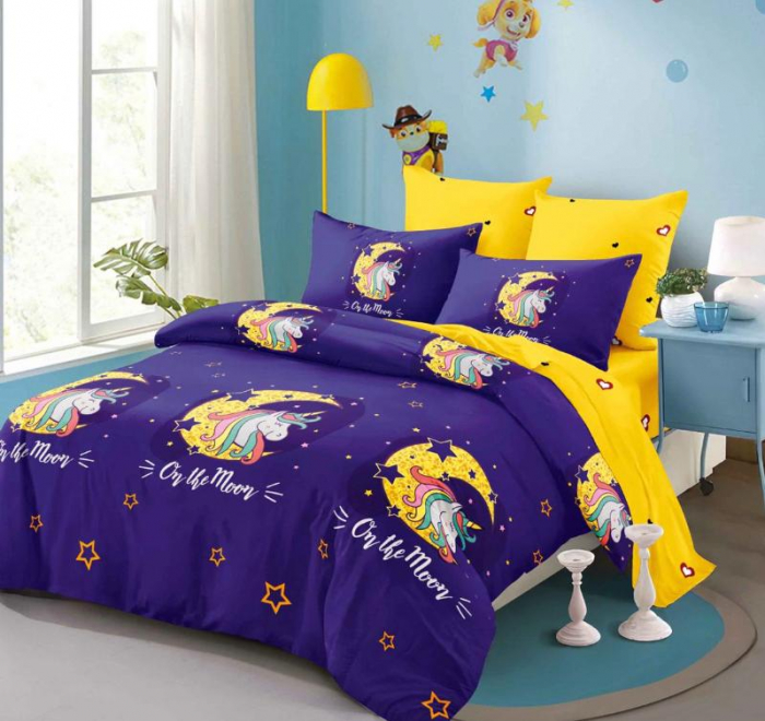 Lenjerie Din Bumbac Tip Finet 6 Piese Pentru Pat Dublu, On The Moon Unicorn