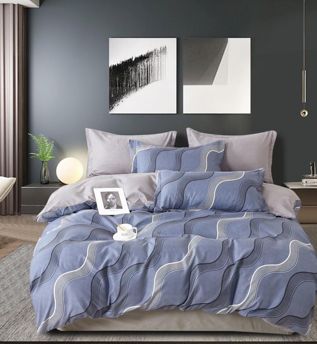 Lenjerie Din Bumbac Tip Finet 6 Piese Pentru Pat Dublu - Albastru Modern [1]