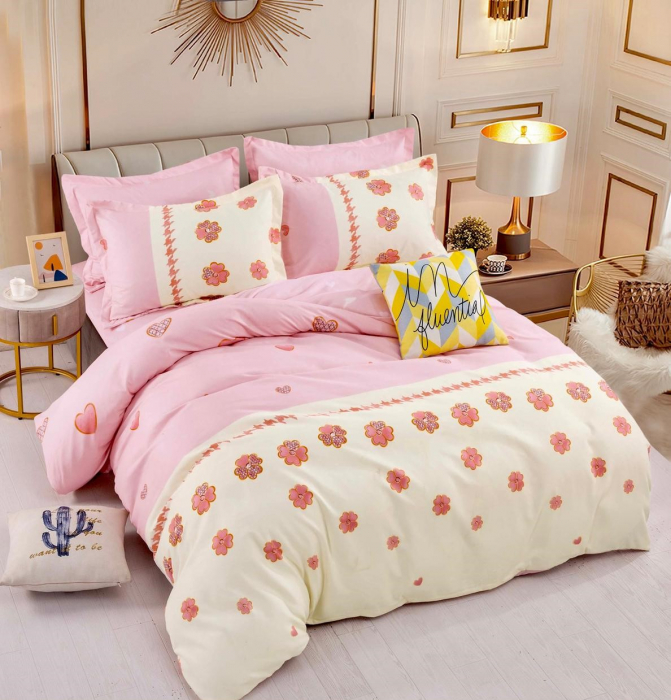 Lenjerie Din Bumbac Tip Finet 6 Piese Pentru Pat Dublu - Pink Flowers