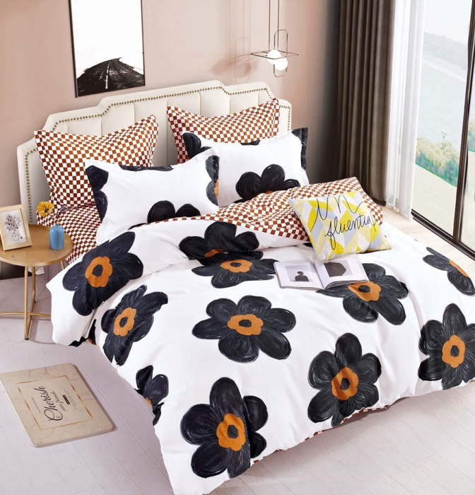 Lenjerie Din Bumbac Tip Finet 6 Piese Pentru Pat Dublu, Black Flowers