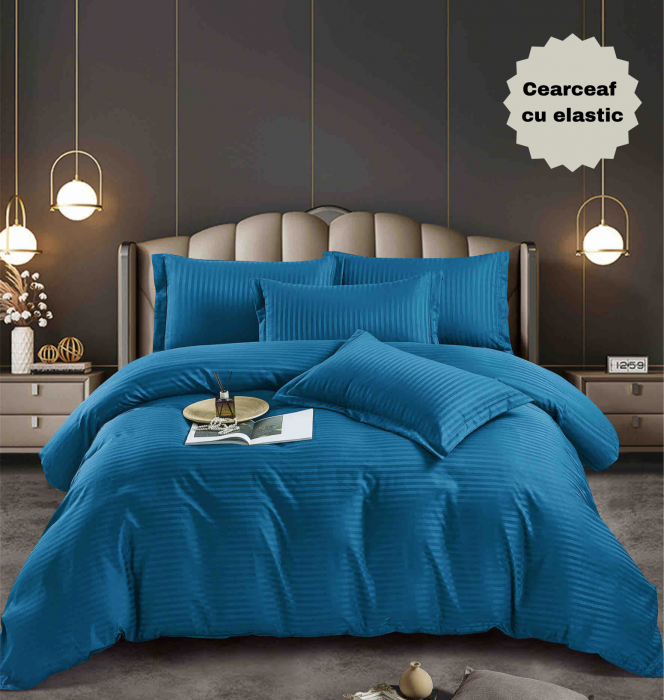 Lenjerie pat dublu 100% Damasc PREMIUM, 6 Piese, cu elastic - Albastru