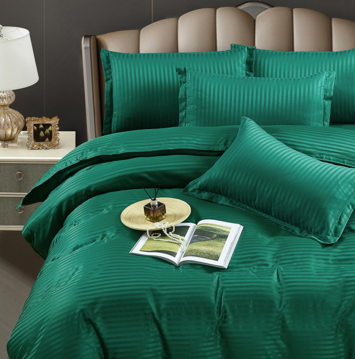 Lenjerie pat dublu 100% Damasc PREMIUM, 6 Piese - Verde Smarald [2]