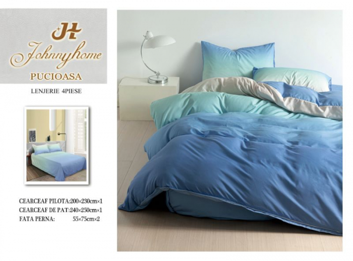 Lenjerie Pat Dublu, 4 Piese, Bumbac Satinat Superior - Ombre Albastru, LP-EBSS-99 [1]
