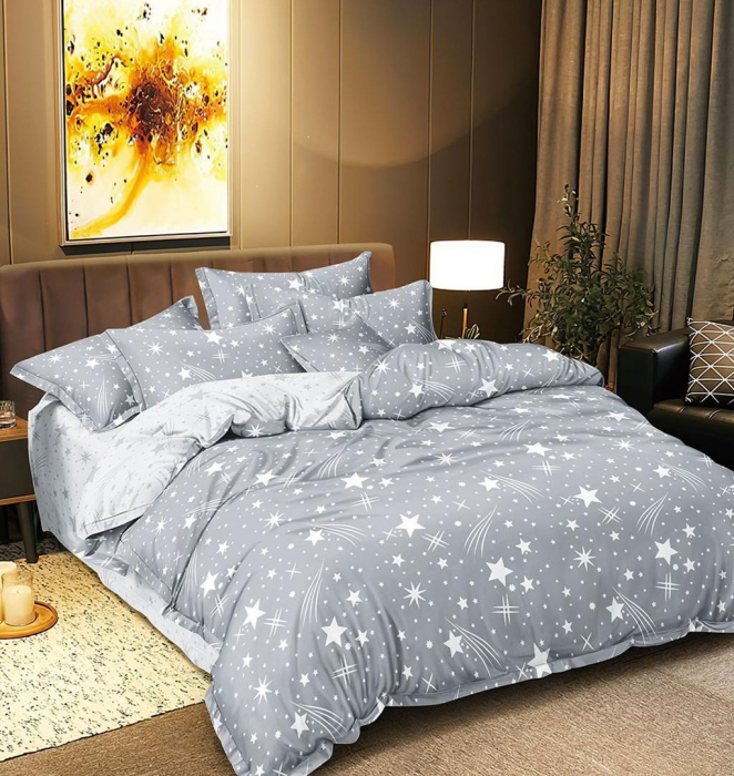 Lenjerie Pat Dublu, 4 Piese, Bumbac Satinat Superior - Gri Cu Stelute [1]