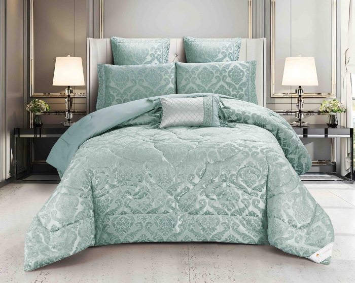 Lenjerie de Pat 2 Persoane cu Elastic si Pilota Inclusa ,   Set 7 Piese din Bumbac Jacquard