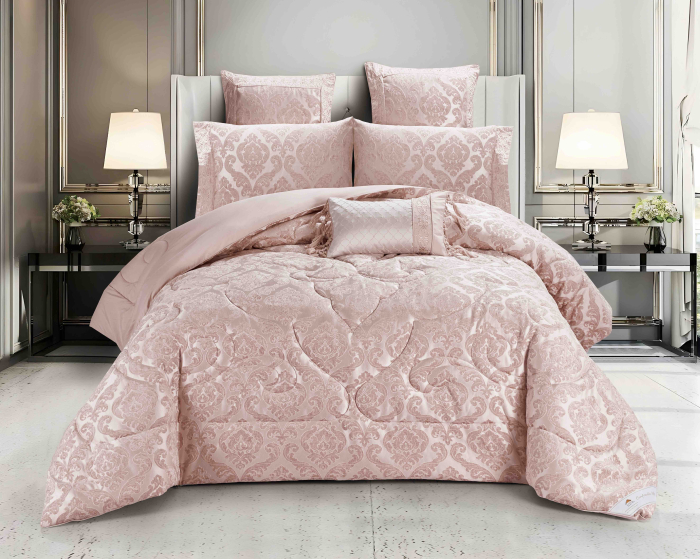 Lenjerie de Pat 2 Persoane cu Elastic si Pilota Inclusa ,   Set 7 Piese din Bumbac Jacquard