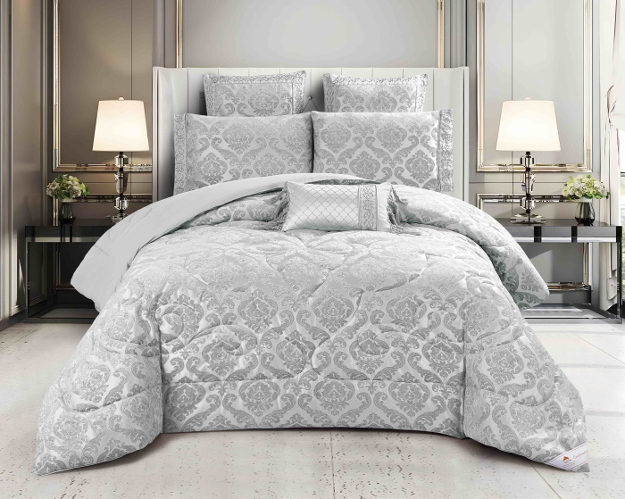 Lenjerie de Pat 2 Persoane cu Elastic si Pilota Inclusa ,   Set 7 Piese din Bumbac Jacquard