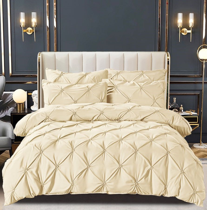 Set Lenjerie Pat 2 Persoane Bumbac Finet Uni cu Pliuri, 6 Piese, Fara Elastic