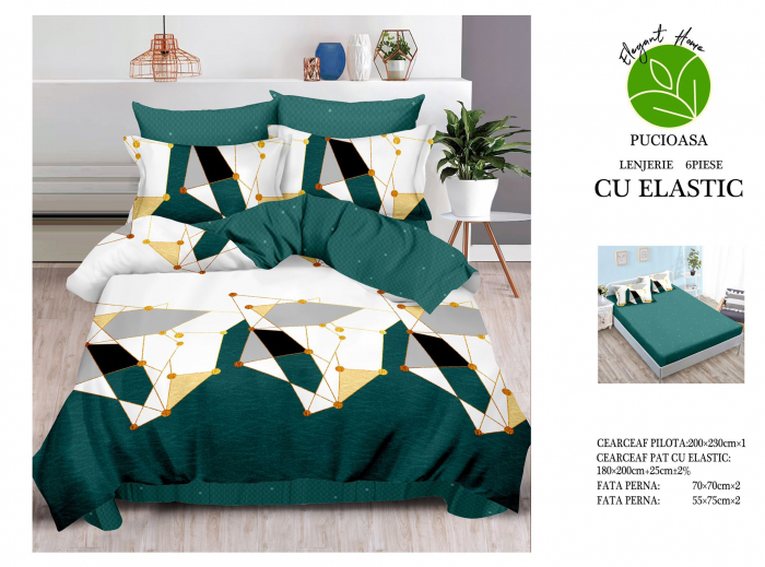 Lenjerie Pat Dublu, Bumbac Finet, 6 Piese, CU ELASTIC - Verde Smarald