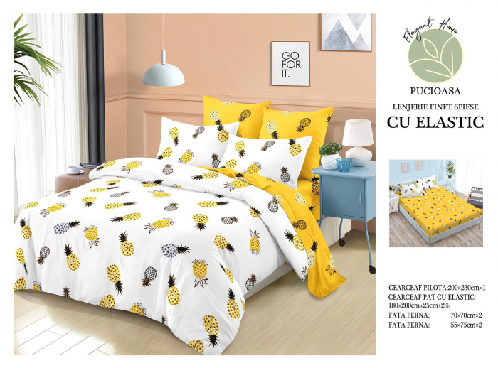 Lenjerie Pat Dublu, Bumbac Finet, 6 Piese, CU ELASTIC - Ananas