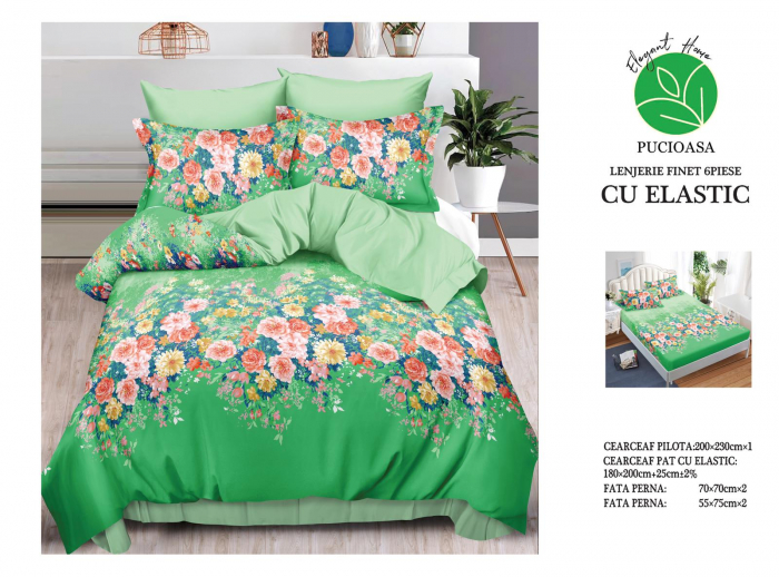 Lenjerie Pat Dublu, Bumbac Finet, 6 Piese, CU ELASTIC - Verde Floral