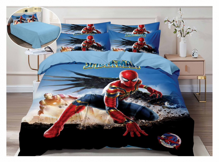 Lenjerie Pat Dublu, Bumbac Finet, 6 piese, IDENTIC CU POZA - Spiderman Ironman