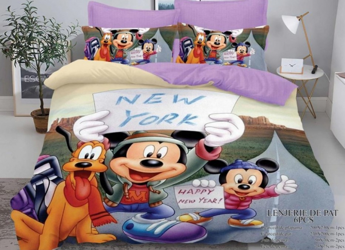 Lenjerie Pat Dublu, Bumbac Finet, 6 piese, MODEL IDENTIC CU POZA - Mickey New York