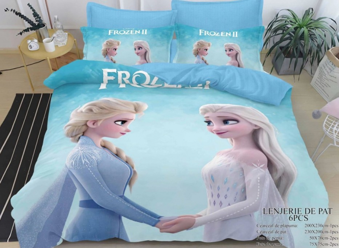 Lenjerie Pat Dublu, Bumbac Finet, 6 piese, MODEL IDENTIC CU POZA - Frozen Elsa