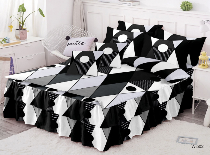 Lenjerie Pat Dublu, Bumbac Finet cu Volanase, 6 Piese - Carouri Black White