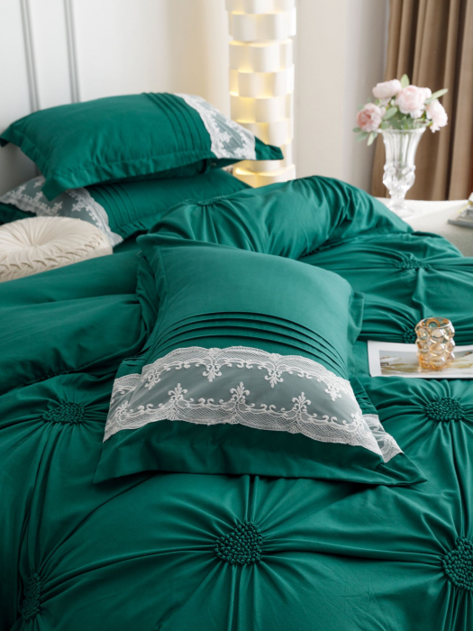 Lenjerie Pat Dublu, Bumbac Soft Touch, 6 piese, cu Pliuri Brodate - Verde Smarald [6]