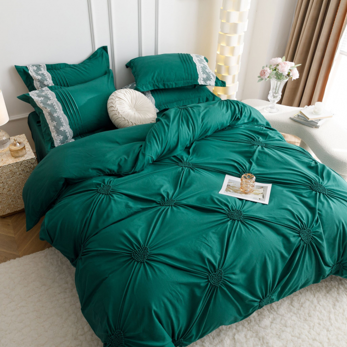 Lenjerie Pat Dublu, Bumbac Soft Touch, 6 piese, cu Pliuri Brodate - Verde Smarald [3]