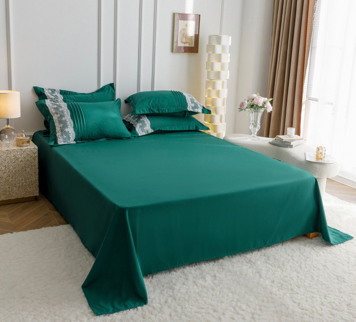 Lenjerie Pat Dublu, Bumbac Soft Touch, 6 piese, cu Pliuri Brodate - Verde Smarald [9]