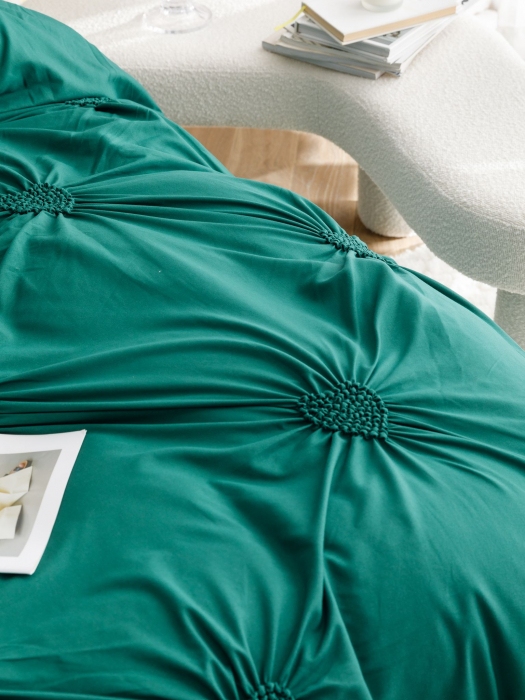 Lenjerie Pat Dublu, Bumbac Soft Touch, 6 piese, cu Pliuri Brodate - Verde Smarald [7]