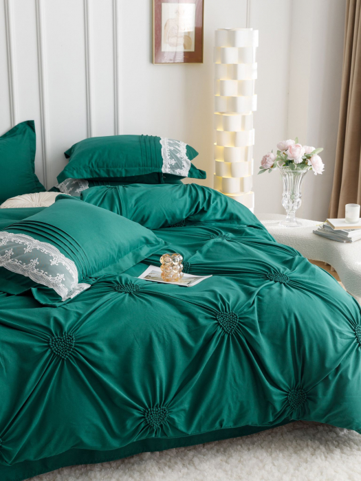 Lenjerie Pat Dublu, Bumbac Soft Touch, 6 piese, cu Pliuri Brodate - Verde Smarald [5]