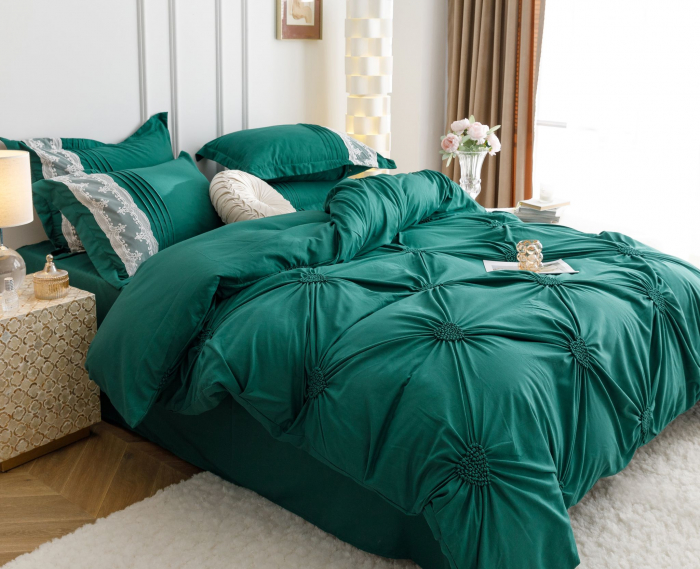 Lenjerie Pat Dublu, Bumbac Soft Touch, 6 piese, cu Pliuri Brodate - Verde Smarald [4]