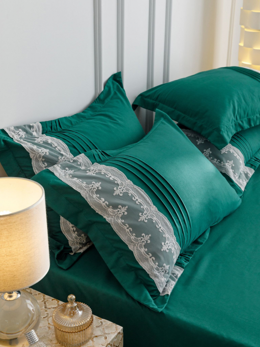 Lenjerie Pat Dublu, Bumbac Soft Touch, 6 piese, cu Pliuri Brodate - Verde Smarald [8]