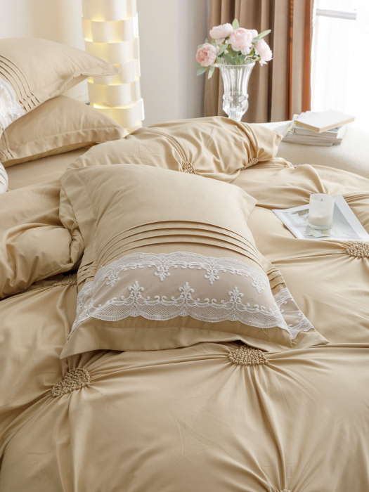 Lenjerie Pat Dublu, Bumbac Soft Touch, 6 piese, cu Pliuri Brodate - Bej [7]
