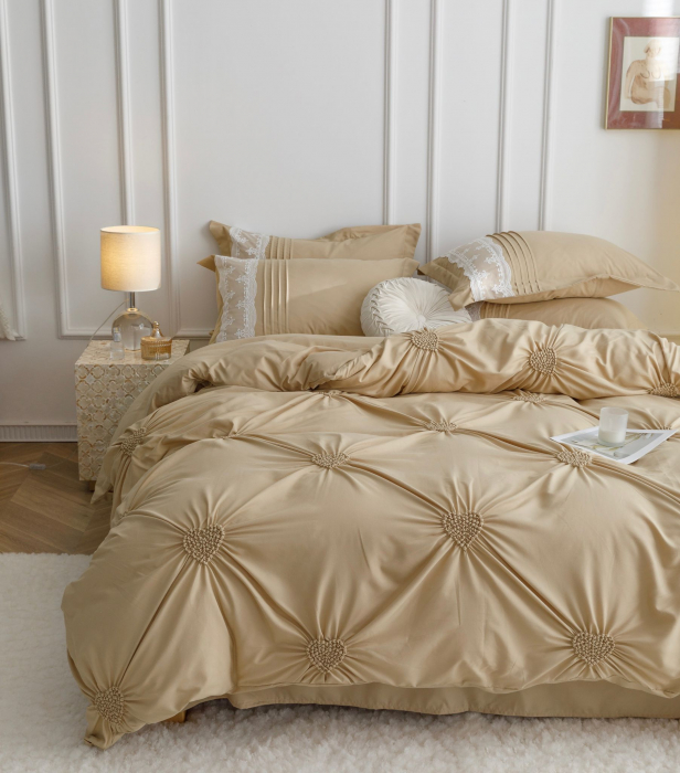 Lenjerie Pat Dublu, Bumbac Soft Touch, 6 piese, cu Pliuri Brodate - Bej [2]