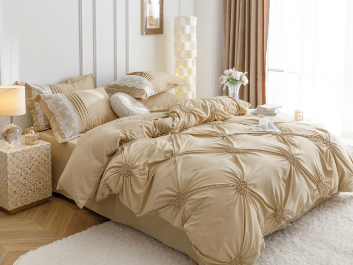 Lenjerie Pat Dublu, Bumbac Soft Touch, 6 piese, cu Pliuri Brodate - Bej [4]
