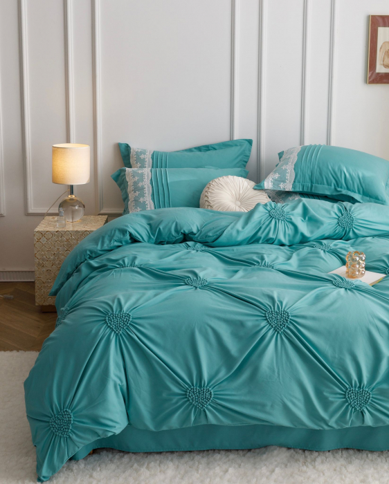 Lenjerie Pat Dublu, Bumbac Soft Touch, 6 piese, cu Pliuri Brodate - Verde Menta [2]