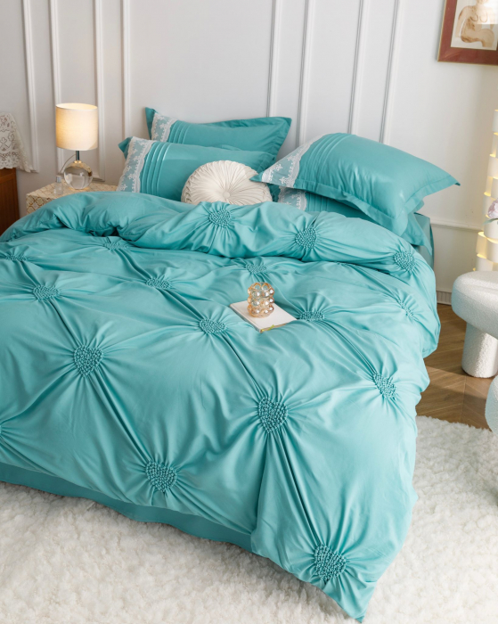 Lenjerie Pat Dublu, Bumbac Soft Touch, 6 piese, cu Pliuri Brodate - Verde Menta [6]