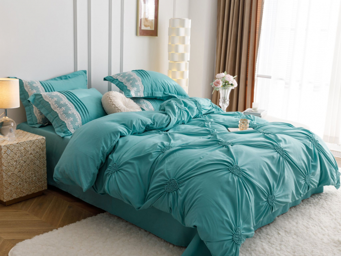 Lenjerie Pat Dublu, Bumbac Soft Touch, 6 piese, cu Pliuri Brodate - Verde Menta [4]
