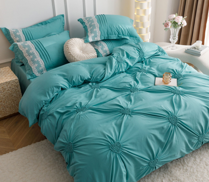 Lenjerie Pat Dublu, Bumbac Soft Touch, 6 piese, cu Pliuri Brodate - Verde Menta [3]