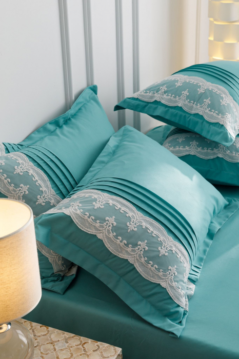 Lenjerie Pat Dublu, Bumbac Soft Touch, 6 piese, cu Pliuri Brodate - Verde Menta [8]