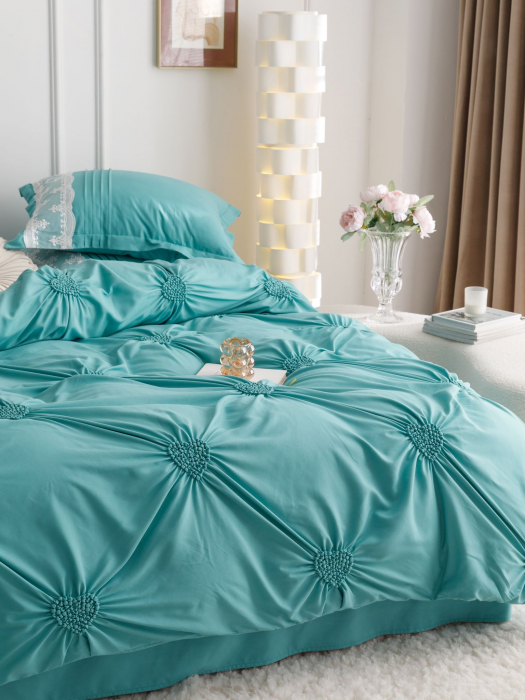 Lenjerie Pat Dublu, Bumbac Soft Touch, 6 piese, cu Pliuri Brodate - Verde Menta [5]