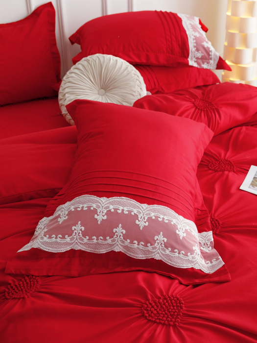 Lenjerie Pat Dublu, Bumbac Soft Touch, 6 piese, cu Pliuri Brodate - Rosu [6]