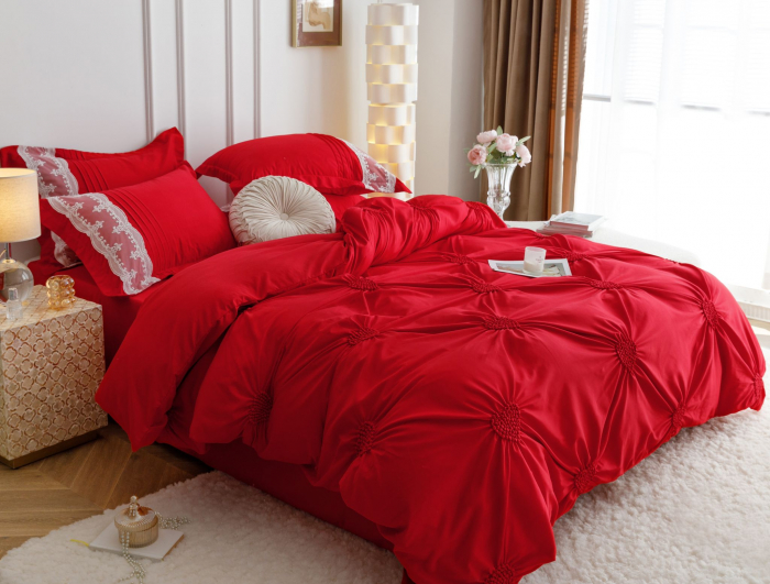 Lenjerie Pat Dublu, Bumbac Soft Touch, 6 piese, cu Pliuri Brodate - Rosu [4]