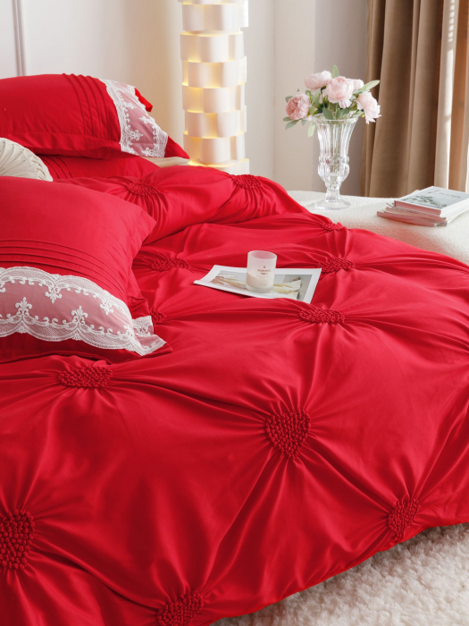 Lenjerie Pat Dublu, Bumbac Soft Touch, 6 piese, cu Pliuri Brodate - Rosu [5]