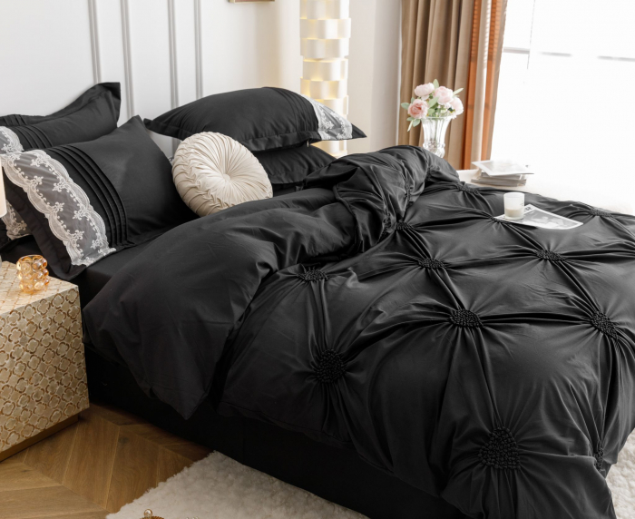 Lenjerie Pat Dublu, Bumbac Soft Touch, 6 piese, cu Pliuri Brodate - Negru [5]