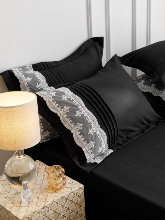 Lenjerie Pat Dublu, Bumbac Soft Touch, 6 piese, cu Pliuri Brodate - Negru [8]