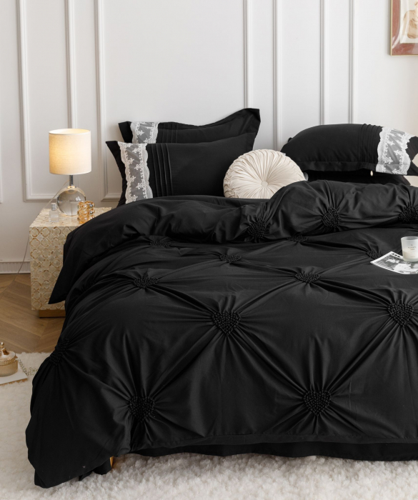Lenjerie Pat Dublu, Bumbac Soft Touch, 6 piese, cu Pliuri Brodate - Negru [4]