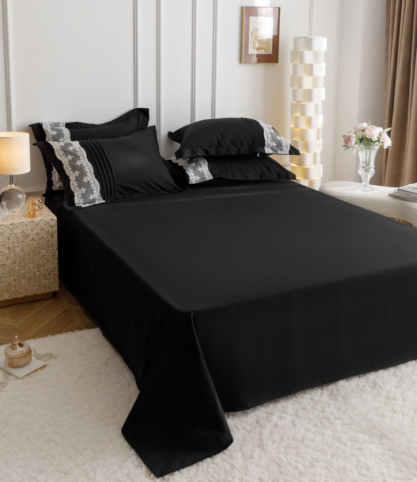 Lenjerie Pat Dublu, Bumbac Soft Touch, 6 piese, cu Pliuri Brodate - Negru [9]