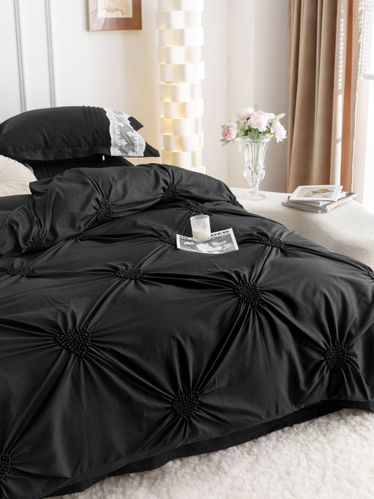 Lenjerie Pat Dublu, Bumbac Soft Touch, 6 piese, cu Pliuri Brodate - Negru [6]