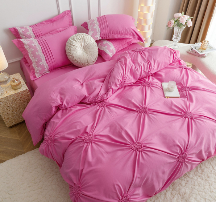 Lenjerie Pat Dublu, Bumbac Soft Touch, 6 piese, cu Pliuri Brodate - Roz [2]
