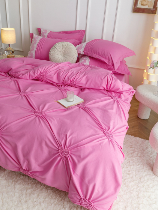 Lenjerie Pat Dublu, Bumbac Soft Touch, 6 piese, cu Pliuri Brodate - Roz [5]