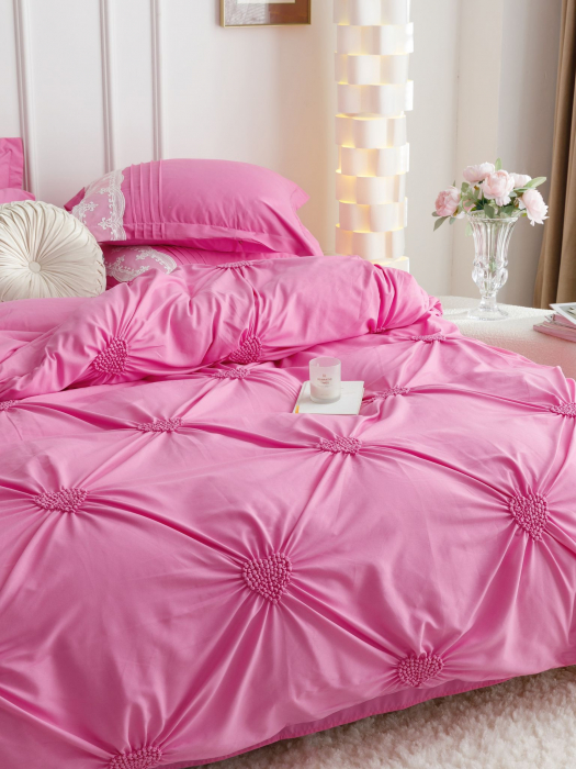 Lenjerie Pat Dublu, Bumbac Soft Touch, 6 piese, cu Pliuri Brodate - Roz [6]