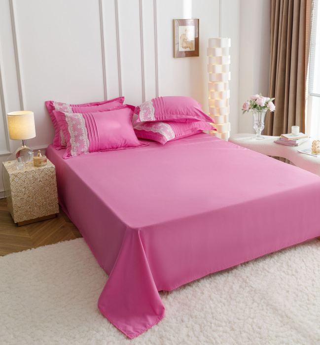 Lenjerie Pat Dublu, Bumbac Soft Touch, 6 piese, cu Pliuri Brodate - Roz [8]