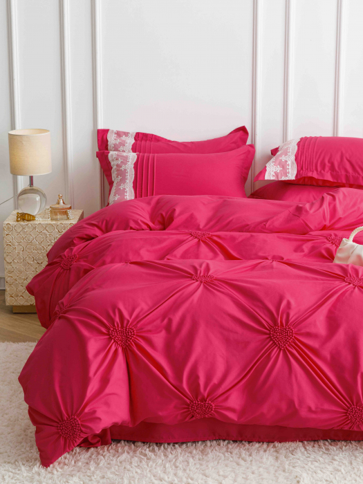 Lenjerie Pat Dublu, Bumbac Soft Touch, 6 piese, cu Pliuri Brodate - Fucsia [2]
