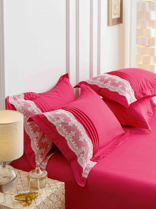 Lenjerie Pat Dublu, Bumbac Soft Touch, 6 piese, cu Pliuri Brodate - Fucsia [5]
